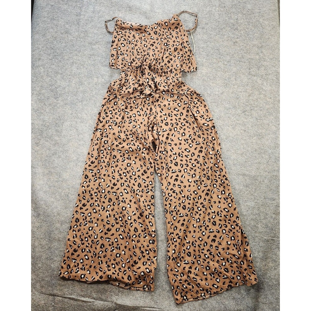 Mustard Seed Jumpsuit Women Small Allover Leopard Print Wide Leg V Neck Elastic